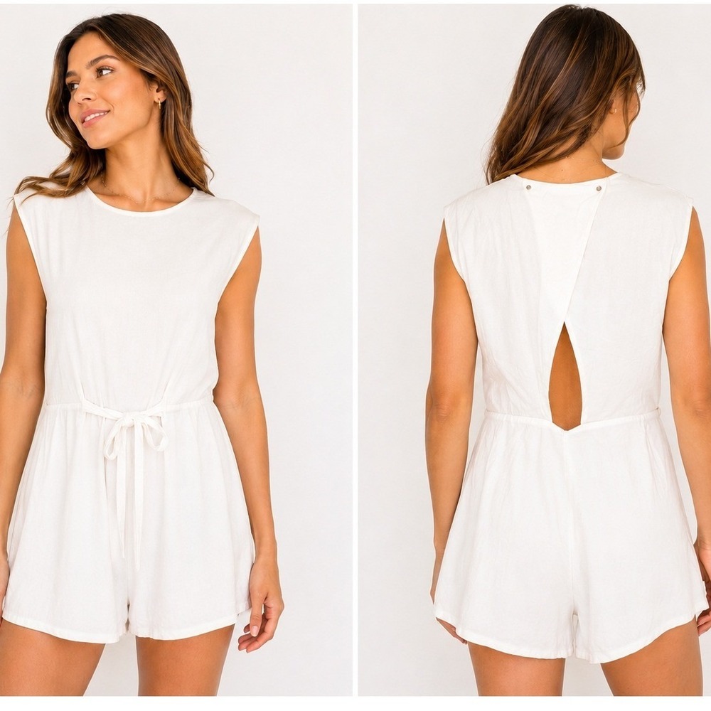 Zara White Sleeveless‎ Boho Open Back Romper Button Shoulder Crepe Jumpsuit XS